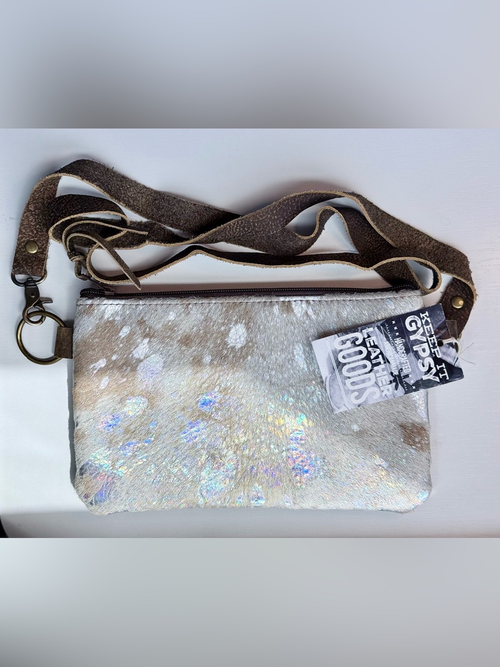 Keep It Gypsy Iridescent Silver Cowhide Crossbody Bag